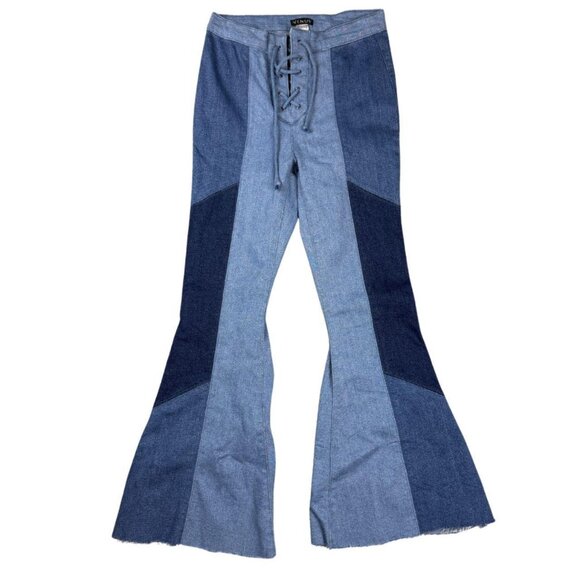 Venus Patchwork Lace-Up Flare Jeans Women’s Size 12 Blue Retro Y2K - Picture 1 of 6